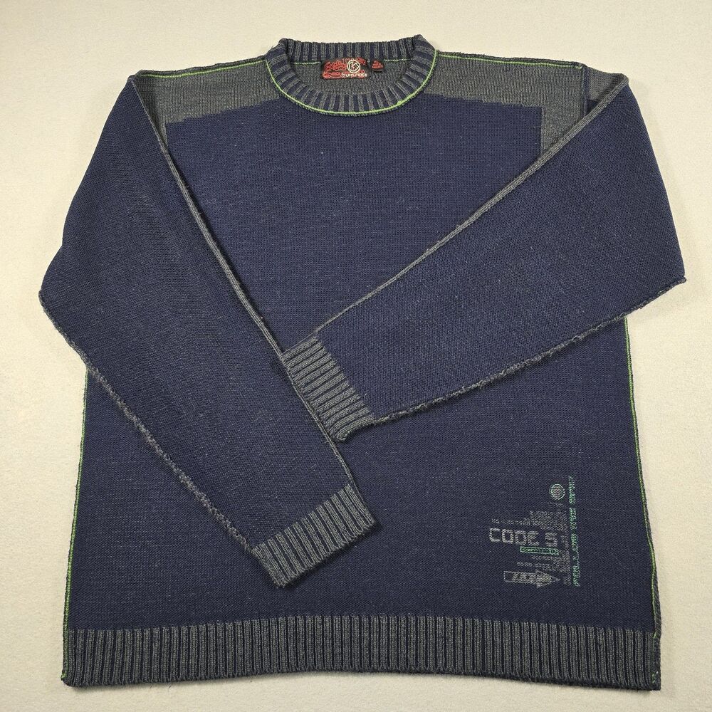 Burnside Men's XL Navy Blue Code 5 Crewneck Pullover Sweater Bright Green Accent